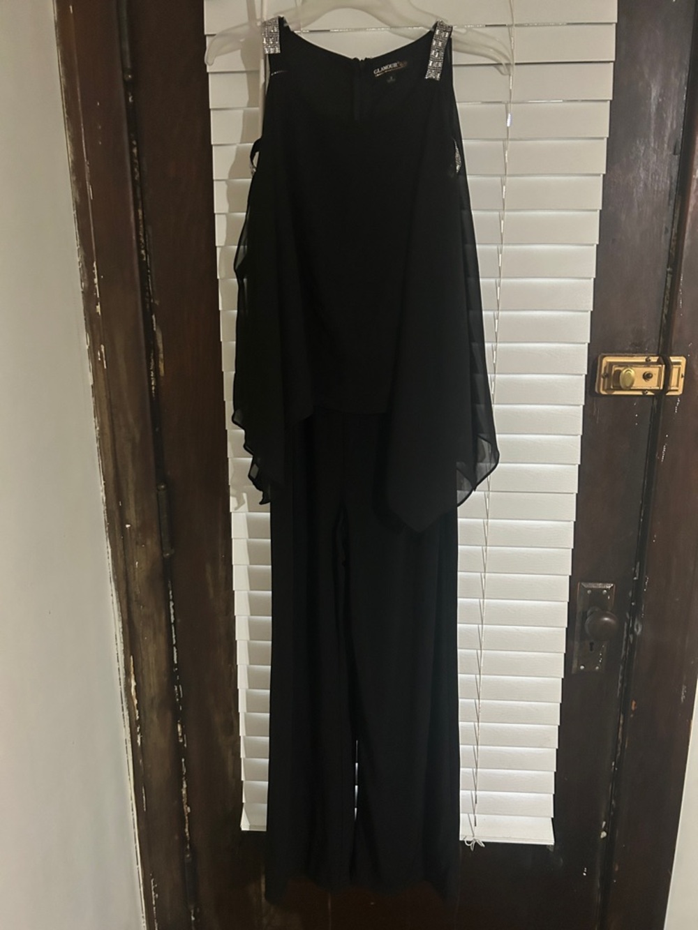 Glamorous Black Sheer Draped Jumpsuit with Crystal-Embellished Straps